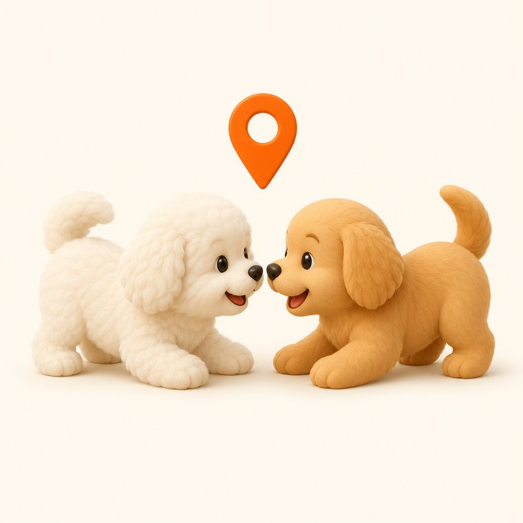 Two dogs meeting near a map pin — discovering pets nearby