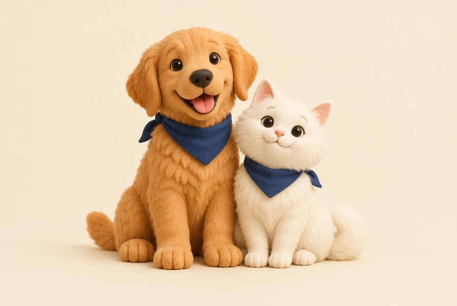 A dog and a cat sitting together, both wearing Spottail bandanas