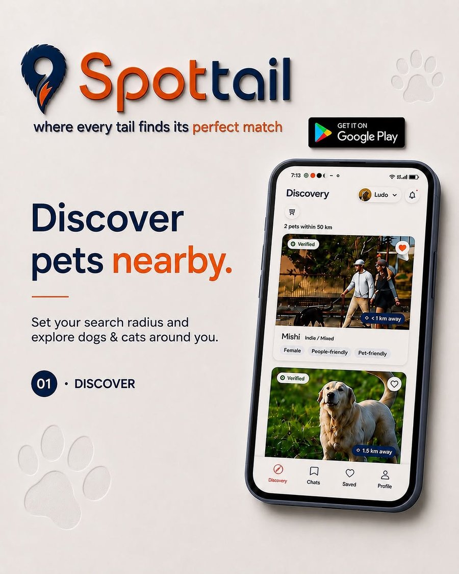 Spottail — Discover pets nearby. Set your search radius and explore dogs and cats around you.